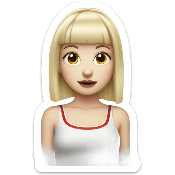 Pale skin blonde girl with bangs and a tattoo on her wrist of a red vertical line  sticker