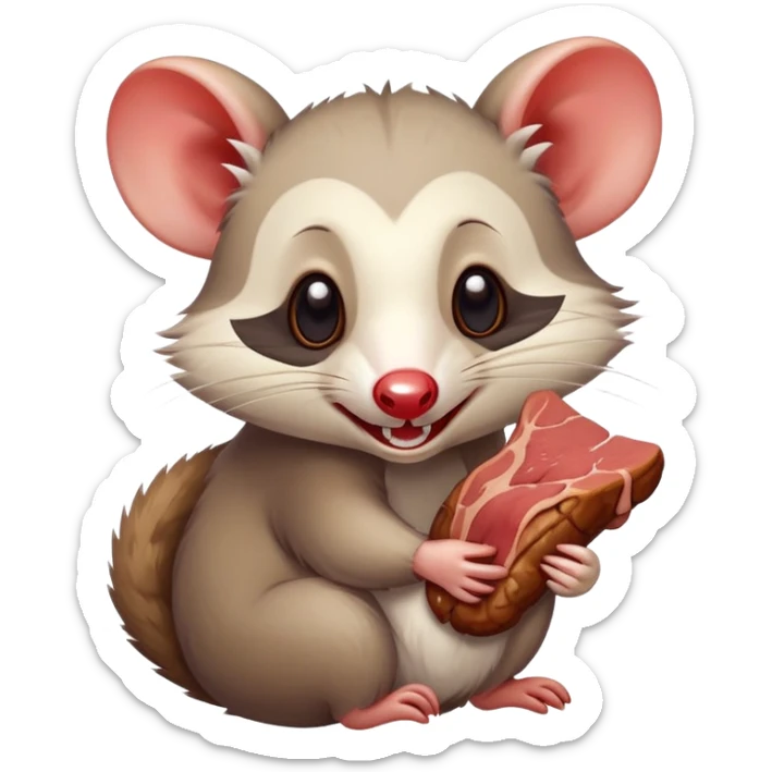 A cartoonish opossum happily munching on a juicy piece of meat, with a playful expression and a small bone in the background, simple and cute style, emoji design. sticker
