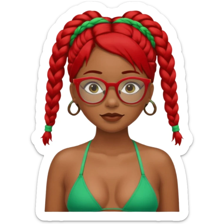 Dark Tan girl with two long red plaits and red rimmed  glasses, green bikini top,  head neck and shoulder shot only sticker