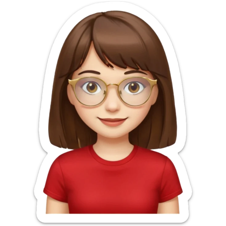 chica con piel blanca sonriendo, ojos marrones y pelo marrón largo hasta la cintura con flequillo y lentes dorados con remera roja. sticker