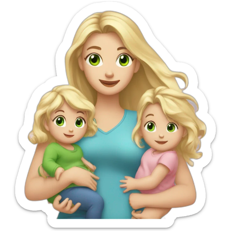 a girl with long blonde hair and green eyes, holding 1 little baby boy and 1 little baby girl, and a blonde toddler girl is standing nearby sticker