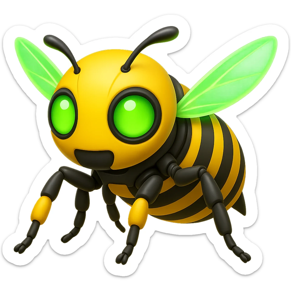 Create a robotic bee with green glowing energy wings in the style of apple emojis, focusing on concise and clear emoji style representation. sticker