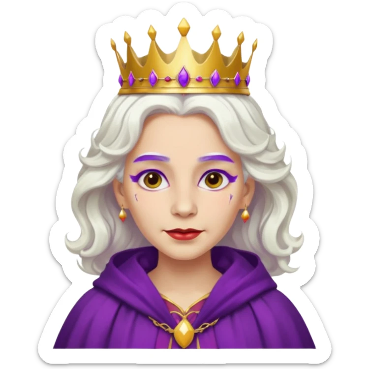 Queen with wavy white hair – golden crown, purple robe, red face paint mark sticker