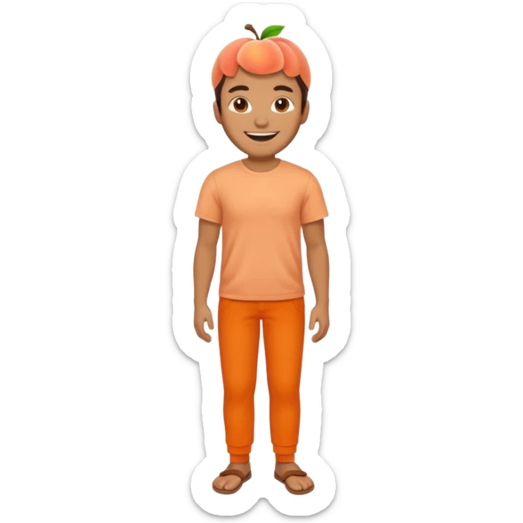 Excited pursed lip full body man emoji with a large peach where there waist would usually be sticker