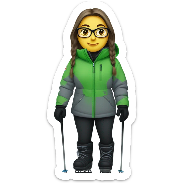 Green-eyed, fat female skier with long straight hair, glasses, grey snow jacket, long black pants, black only snow boots, wearing black skis standing tall. sticker