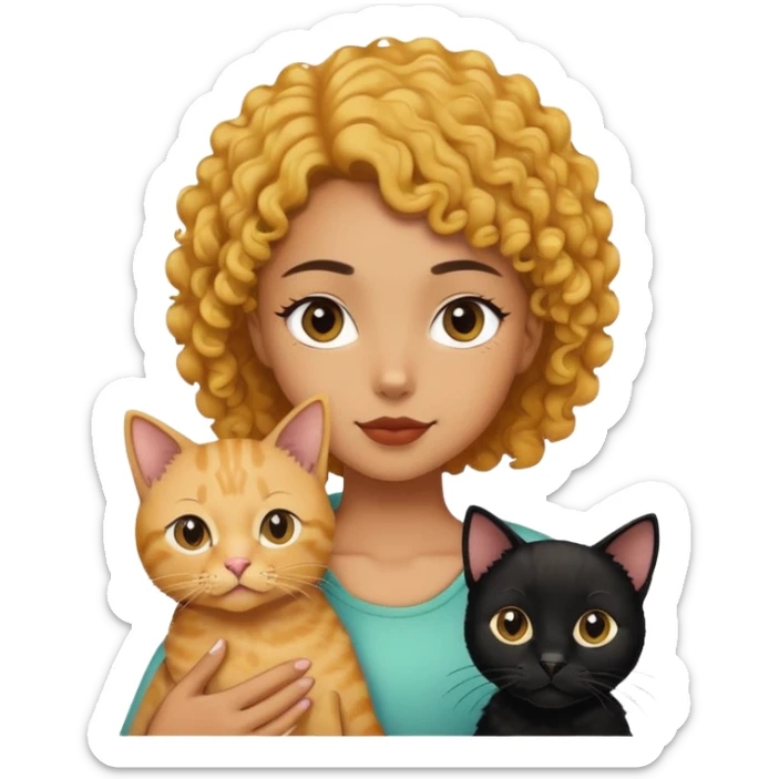 The girl is holding a black cat, a yellow shorthair cat and a curly-haired dog sticker