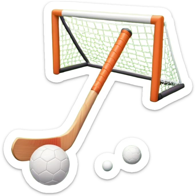 A field hockey stick and ball on a vibrant green grass field, with goalposts and clear field markings in the background. The scene emphasizes the bright, lush grass, highlighting the fast-paced and strategic nature of hockey on a well-maintained pitch. sticker