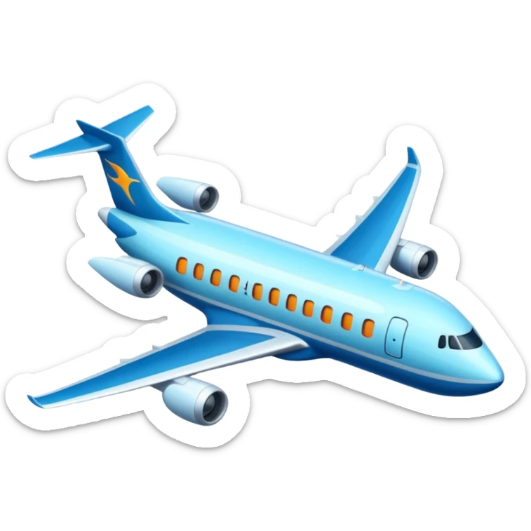 A wide-body aircraft with tall tail fins and glowing cabin windows cruising at high altitude.
 sticker