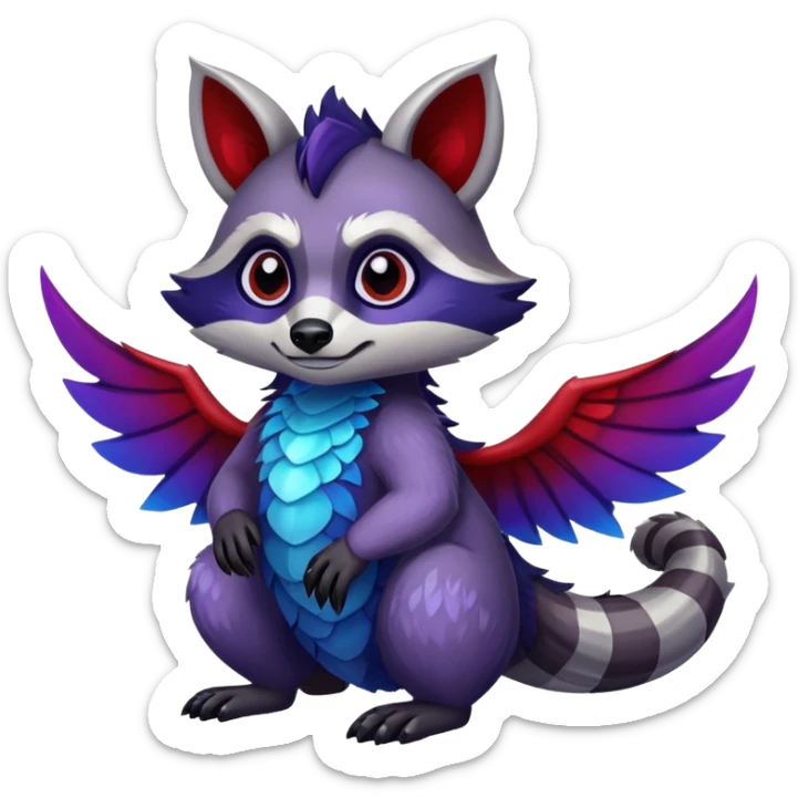 Raccoon dragon hybrid with wings dark purple and blue and red sticker