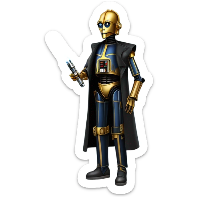 tough well-equipped jedi first order life-sized darkblue-pearl C3po as a friendly bounty hunter droid wearing a leather clothing old west duster coat holding light saber sticker