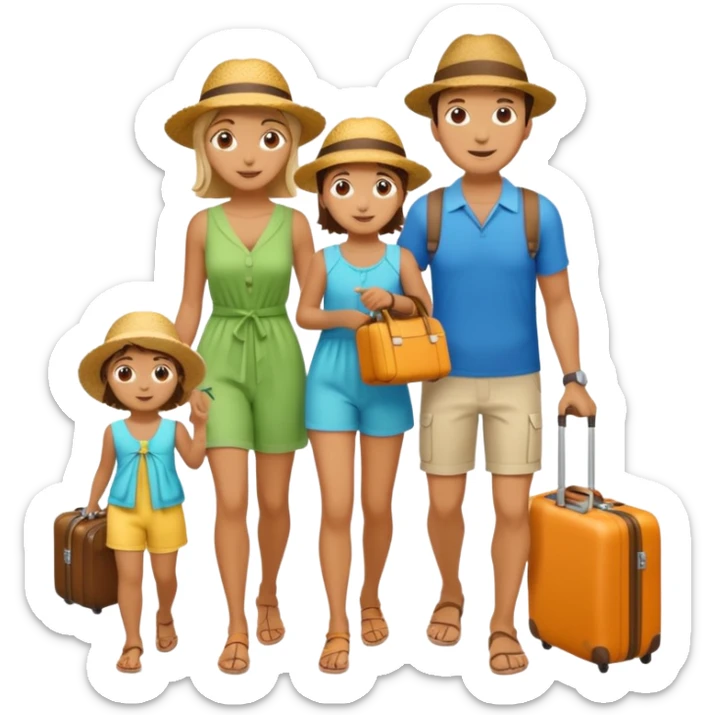 family of Italian tourists, parents and two kids, summer outfits, carrying suitcases sticker