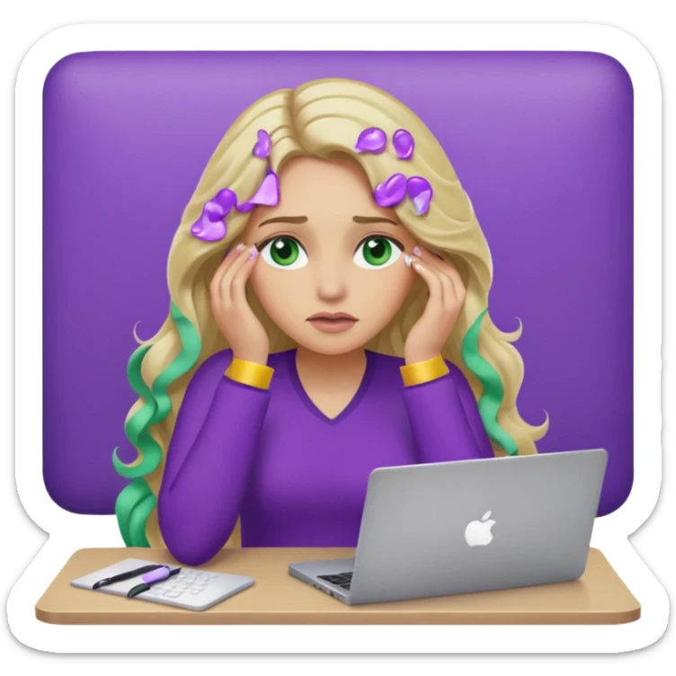 lady with long wavy blonde hair, purple top, green eyes, elbow on desk with hand on face, with a purple mac laptop tears rolling down her face as shes sick. sticker