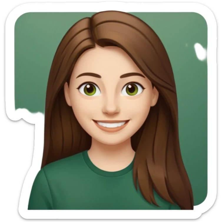 30 yr Caucasian woman long brown straight hair parted on side dark green shirt big smile sticker