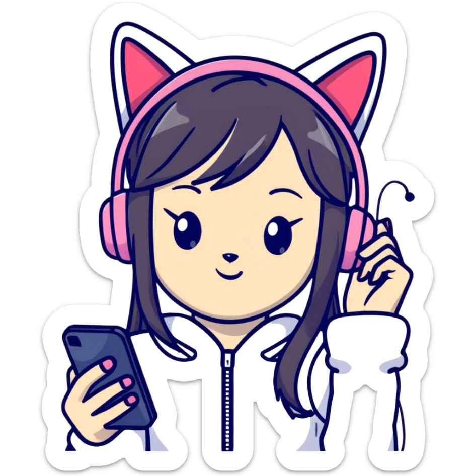 Super kawaii Japanese girl with long hair wearing cat ear headphones and holding a mobile phone sticker