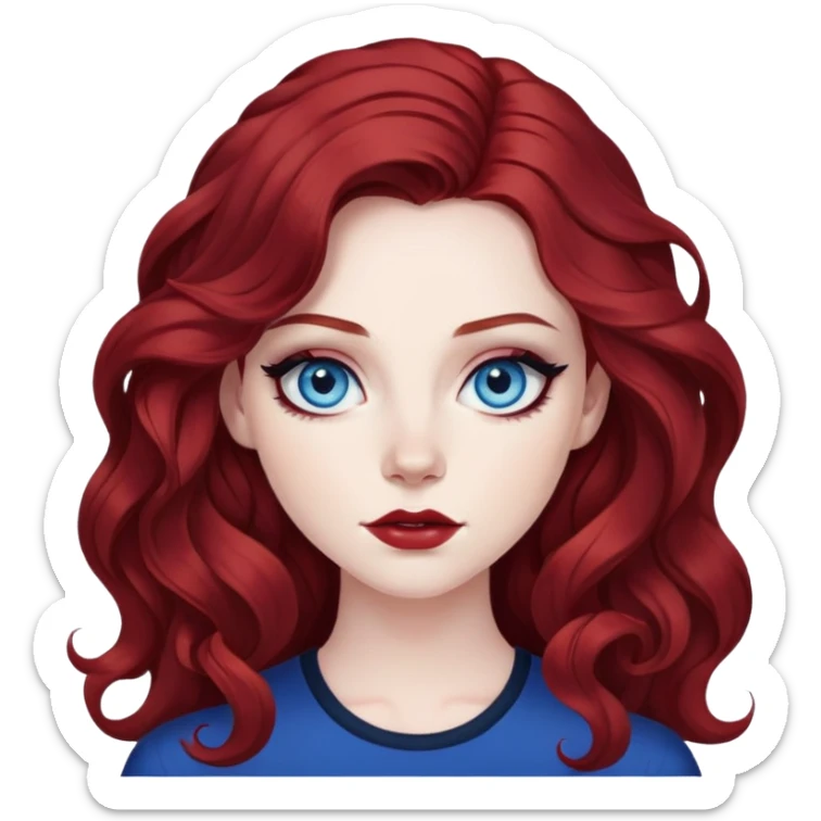 pretty baddie, dark red wavy hair, pale skin, long hair, blue eyes, bold black eyeliner sticker