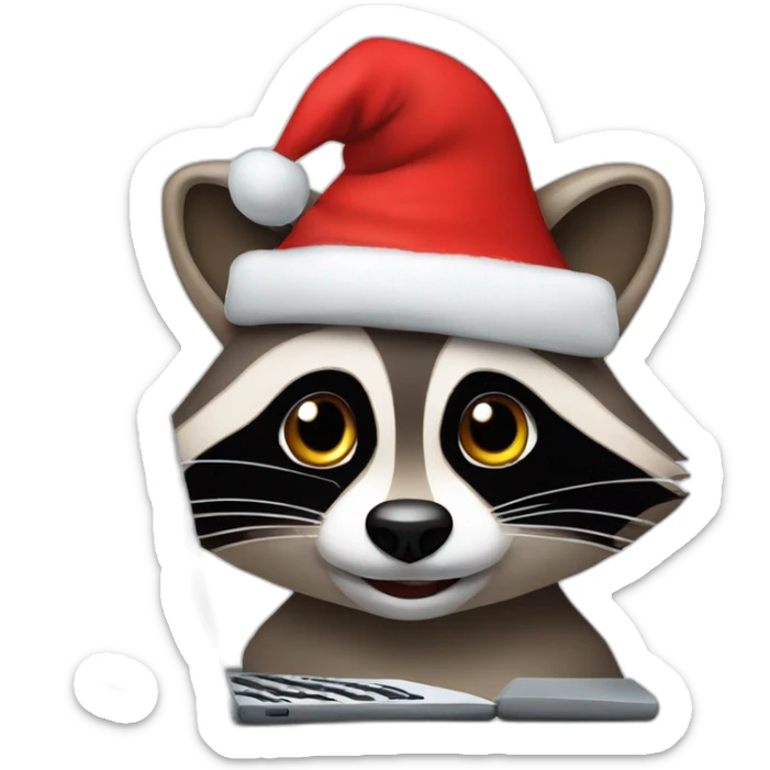 the face of a raccoon with a christmas hat working on a laptop sticker