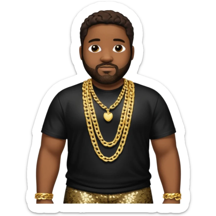 Gerald Levert with dark brown hair, black sequin baggy pants, shirtless with necklace sticker