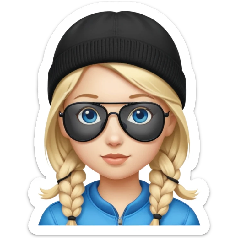 girl with pigtailed blond hair
with blue eyes and aviator sunglasses

wearing a black plain beanie sticker