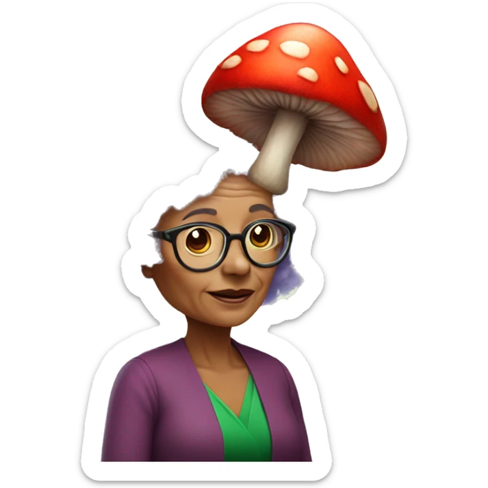 Small elder woman with glasse- lavender fluffy hair- big red mushroom hat- green dress- small mosquito wings sticker