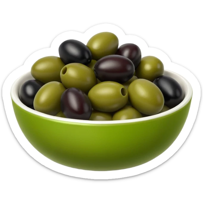 olives object icon, black and green olives in a small bowl, glossy look, 3D cartoon, mobile game icon style, clean background, no text, no watermark
 sticker