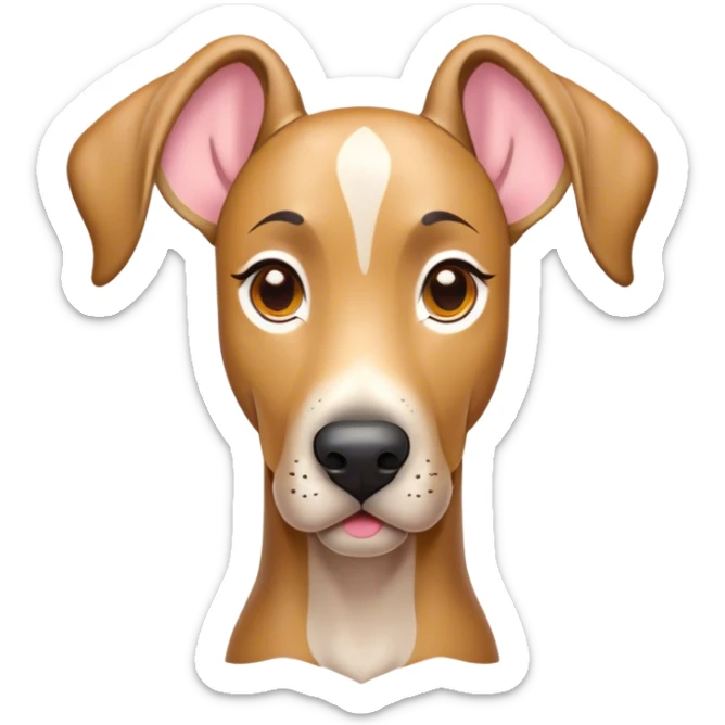 Cinematic Cute Fawn Great Dane Portrait Emoji, Head tilted playfully and inquisitively, showcasing a glossy fawn coat with a subtle luster, round, sparkling amber eyes filled with curiosity, Simplified yet irresistibly adorable features, highly detailed, glowing with a warm, friendly glow, high shine, affectionate and gentle, stylized with a touch of whimsy, bright and endearing, soft glowing outline, capturing the essence of a mischievous yet loving pup, so playful it feels like it could lumber out of the screen and into your arms! sticker