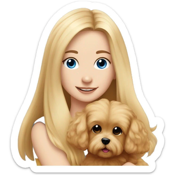 Blonde girl with very long straight hair and blue eyes is hugging a small caramel maltipoo sticker