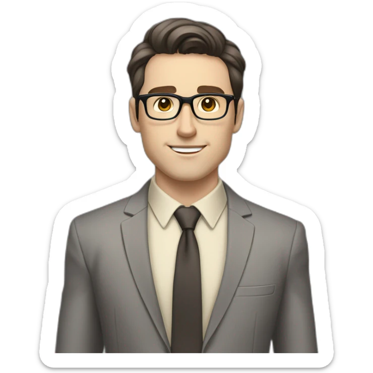 Full height Pale skinned Fit Man With dark brown hair in classic gray suit, beige office shirt, dark gray tie, and vintage glasses. His hands lock sticker