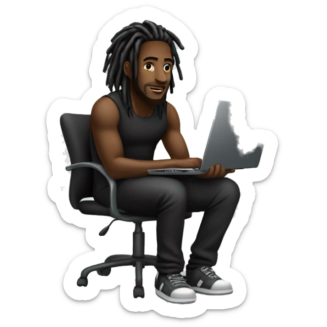 Black-guy-with-dreads-wearing-black-trackstuit-sitting-down-on-chair facing-foward-focused-on-laptop-computer- sticker