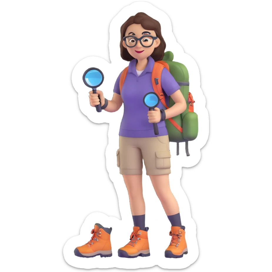 Very happy excited woman in her 40s with glasses wearing sporty outfit, hiking boots, and backpack, holding a magnifying glass sticker