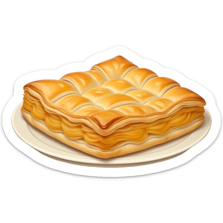 Burek sa Sirom Cinematic Realistic Burek sa Sirom Dish Emoji, depicted as a flat, flaky pastry filled with cheese, rendered with crisp textures and warm, inviting lighting. sticker