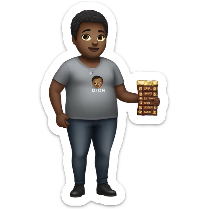 Fat African American with short hair holding a chocolate bar in a Dior shirt  sticker