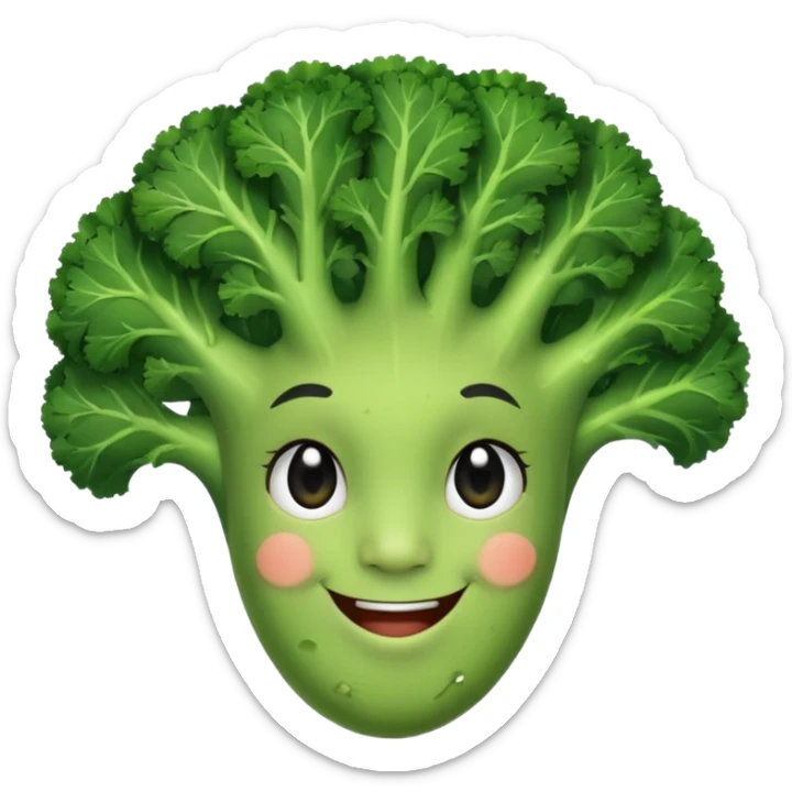 A piece of broccoli with a face ears and short black hair sticker