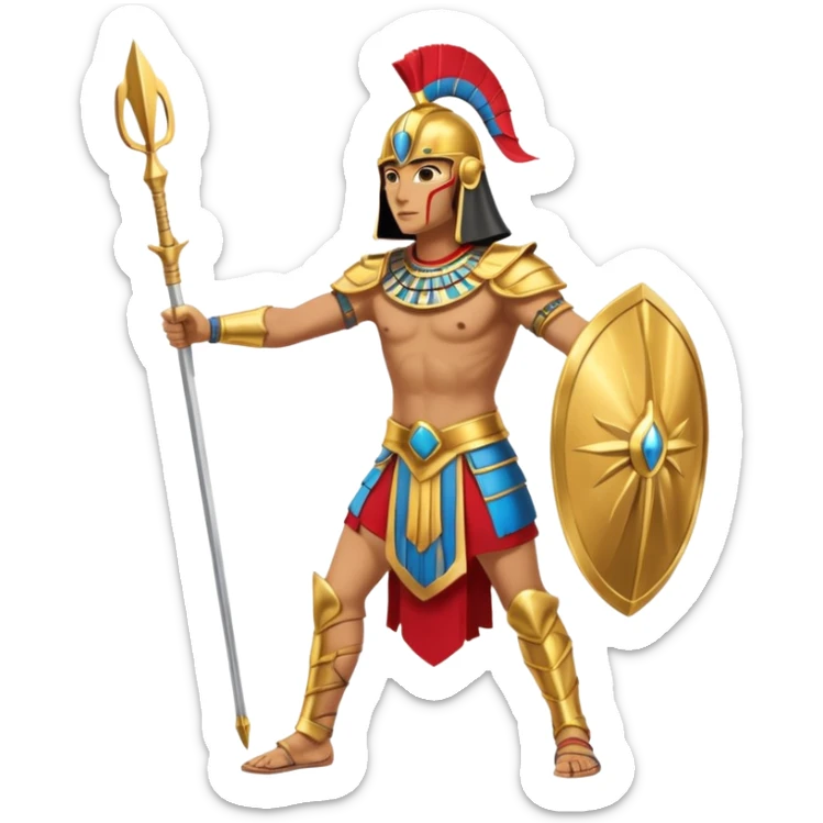 fullbody egyptian ancient soldier with spear and golden armor, gold spear, gold helmet, action stance, only gold colors, no red or blue sticker