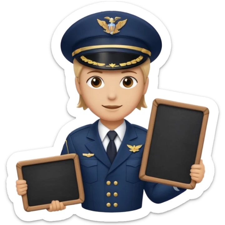 Slack-style emoji of a pilot wearing a navy captain hat holding a board with WIP on it sticker
