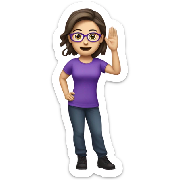 a caucasian brunette female, wearing a purple t-shirt and glasses, making the military salute gesture with her hand next to her head sticker