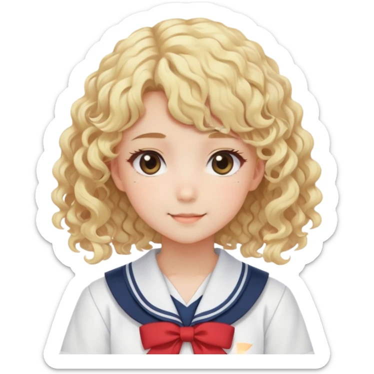 Sweet anime girl with blonde curly hair wearing Japanese sailor style school uniform, gentle smile, kawaii style sticker
