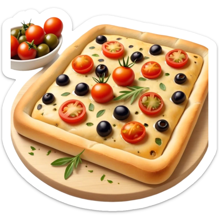 cinematic-realistic-isometric focaccia-bread-dish-emoji,-depicted-as-a-golden,-olive-oil-brushed-flatbread-sprinkled-with-herbs-rendered-with-lifelike-texture-and-soft,-appetizing-lighting showing olives on top and the cherry tomatoes sliced sticker