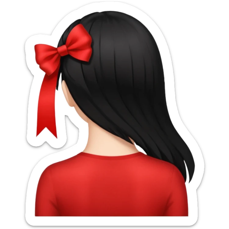 a girl back view that have a red ribbon in the middle of her hair the hair is black  sticker