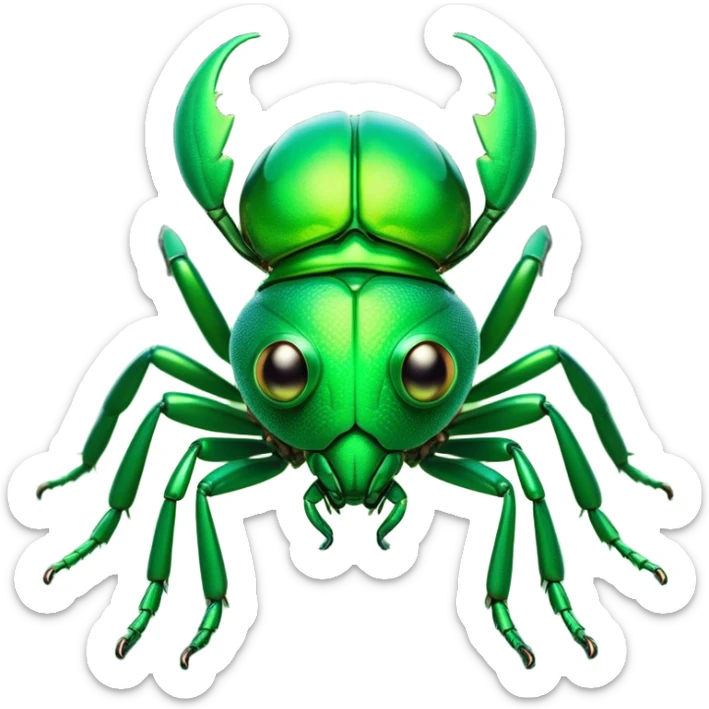 Cinematic Noble Green Bugdie Portrait Emoji, Poised and regal, with a tiny, delicate build and a vibrant, well-detailed emerald exoskeleton, deep-set soulful multifaceted eyes, Simplified yet sharp and sophisticated features, highly detailed, glowing with a soft, dignified glow, high shine, intelligent and alert, stylized with an air of miniature majesty, focused and attentive, soft glowing outline, capturing the essence of a watchful and confident insect, so majestic it feels as though it could scuttle out of the screen with effortless authority! sticker