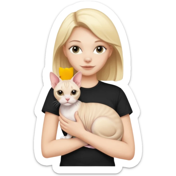 A white girl with blonde hair black T-shirt is holding a white Sphynx girl cat in her arms sticker