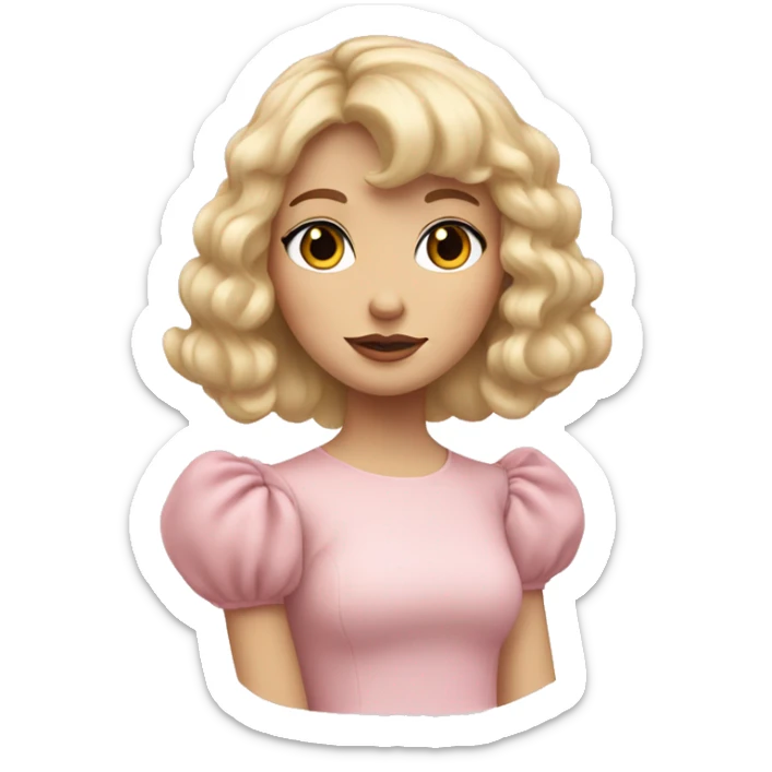 Blonde, pale girl with bangs and curly hair and a pastel pink puff sleeve dress sticker