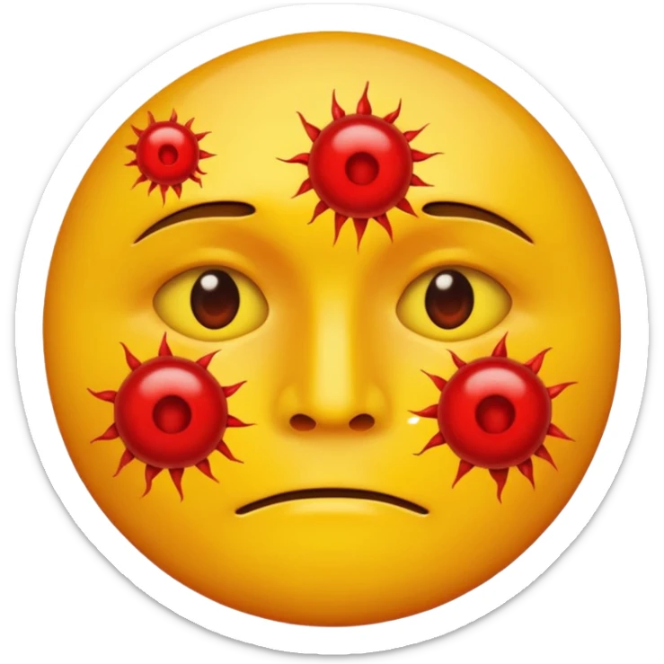 A circular yellow face with many face herpes sores that are close together and red  sticker