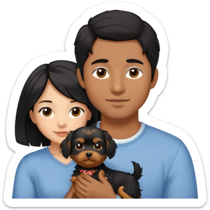 A couple holding holding a small Yorkshire Terrier together. The girl is an Asian girl with long, luscious wavy black hair (loose, no hair tie). She is standing beside a brown-skinned man with a short middle part haircut.  sticker