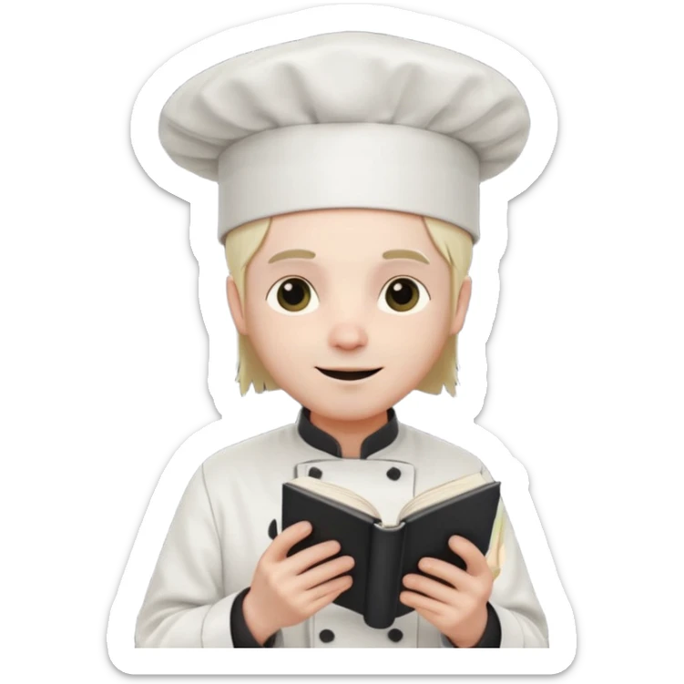 ["A happy man with pale skin, straight hair, wearing a chef hat and no glasses, dressed in goth fashion, is reading a book while holding a camera."] sticker