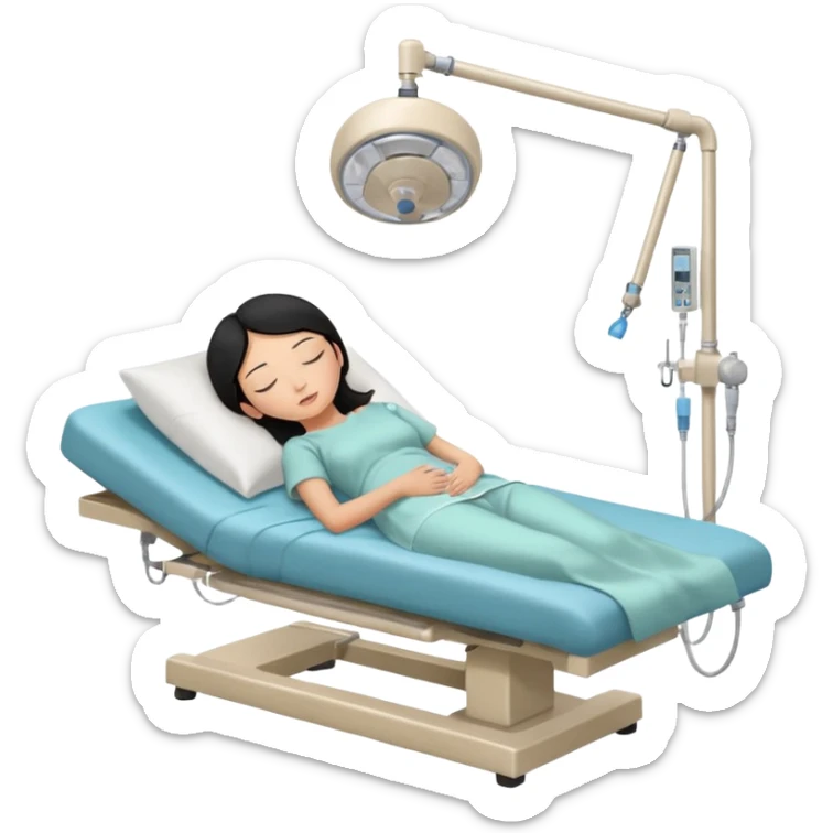 A female patient with black hair lying on an examination bed, head on a pillow and eyes closed, shown in a wide, full-body view in a clean colonoscopy procedure room. No medical staff visible. sticker