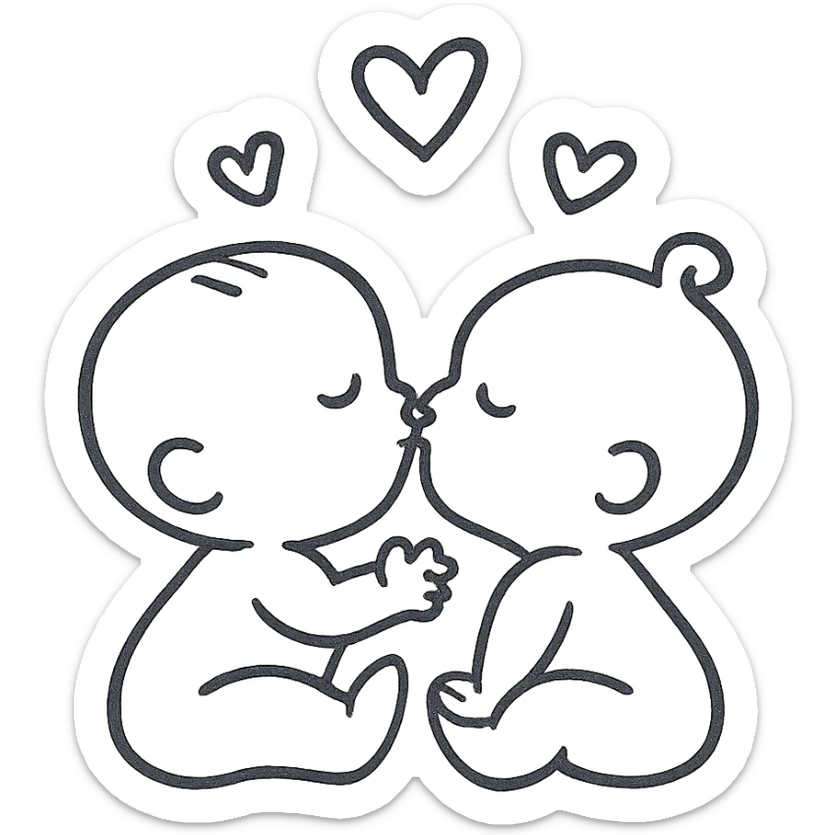 two babies kissing, heart shapes around, adorable and loving, minimal style sticker