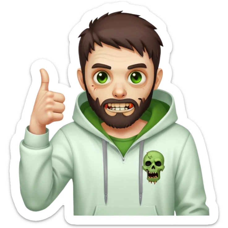 zombie with thumbs up gesture, undercut hairstyle with dark brown hair, short full beard, green eyes, wearing plain white hoodie sticker