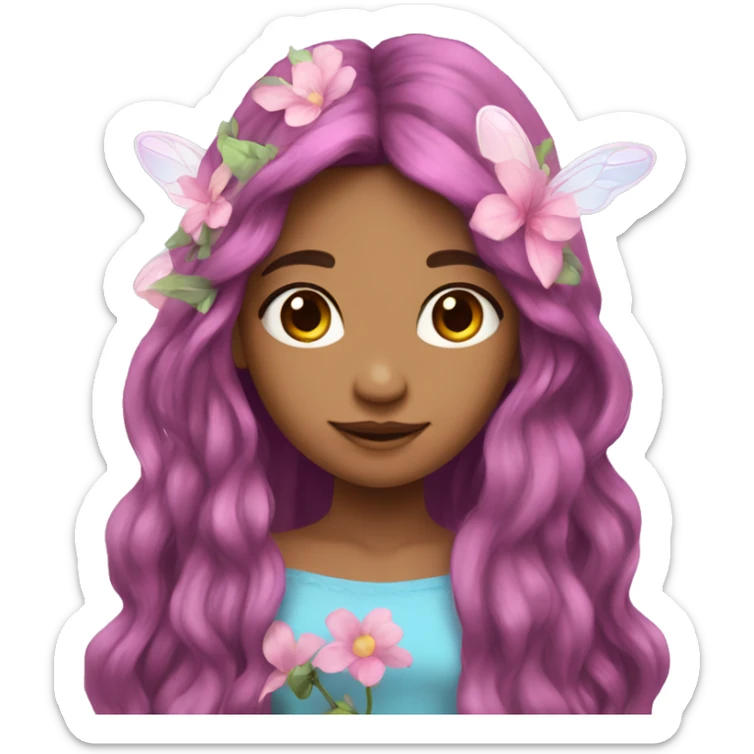 Beautiful, flower, fairy, pink, blue, purple, long hair, tan skin sticker