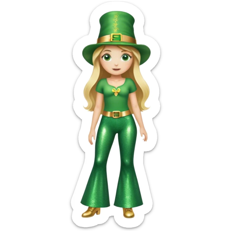 Blonde haired girl in glittery green bell bottoms and tall leprechaun hat sticker
