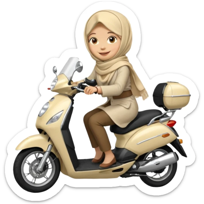 A woman wearing a cream colored pashmina hijab riding a motorbike pcx sticker